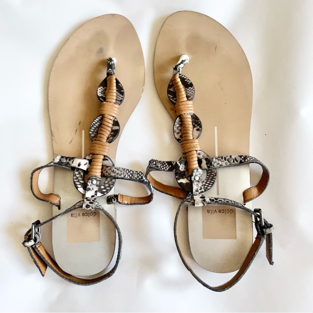 DOLCE VITA Women's Size 8 Brown Snake Print Braid Thong Ankle Strap Flat Sandals